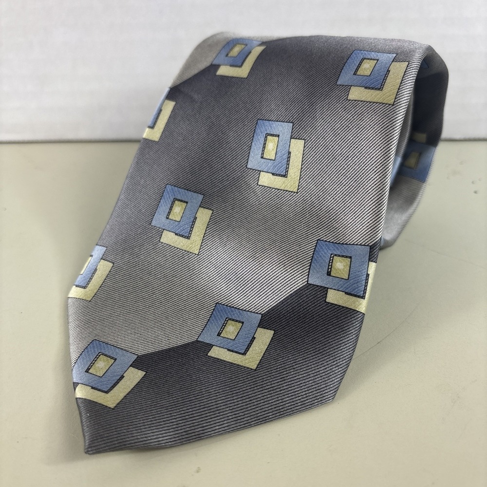 100% Silk Necktie SETAZONE Blue/White/Gray 80s Art Geometric Grey Seta Zone Tie